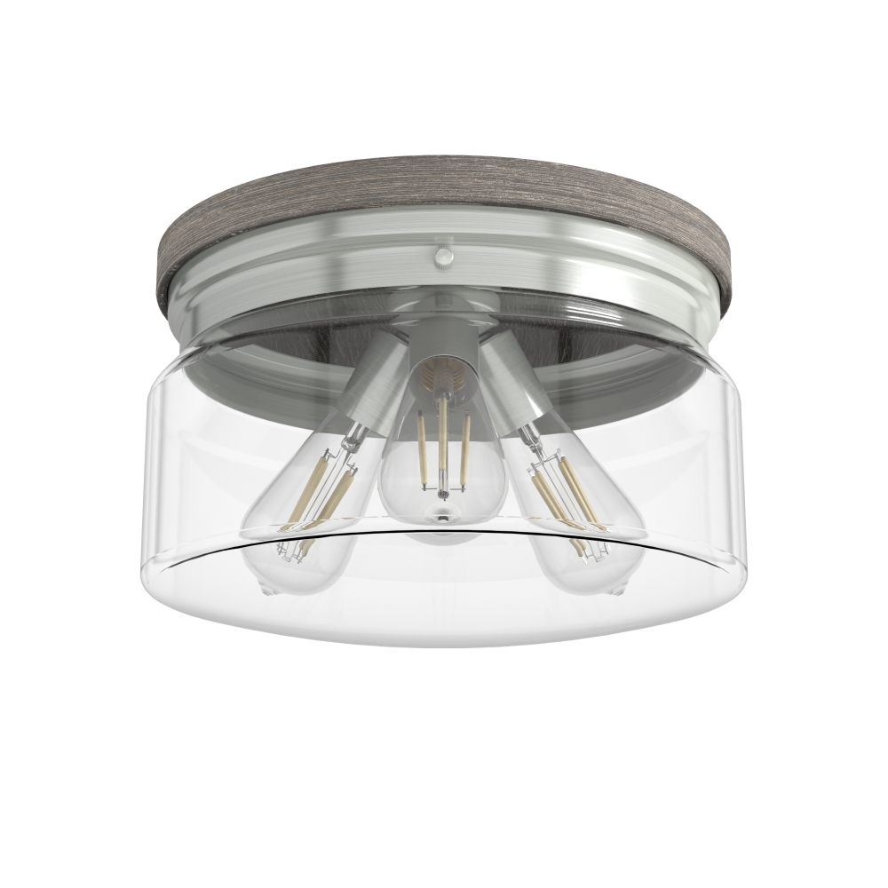 Hunter Devon Park Brushed Nickel and Grey Wood with Clear Glass 3 Lt Flush Mount Ceiling Lt Fixture