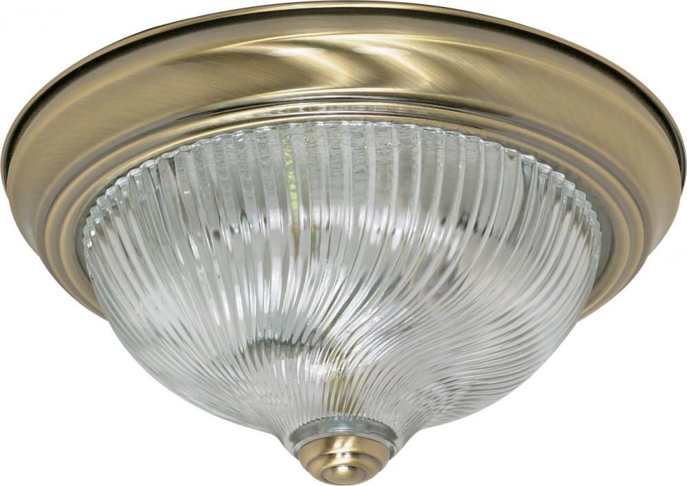 2-Light 11" Flush Light Fixture in Antique Brass Finish with Clear Swirl Glass