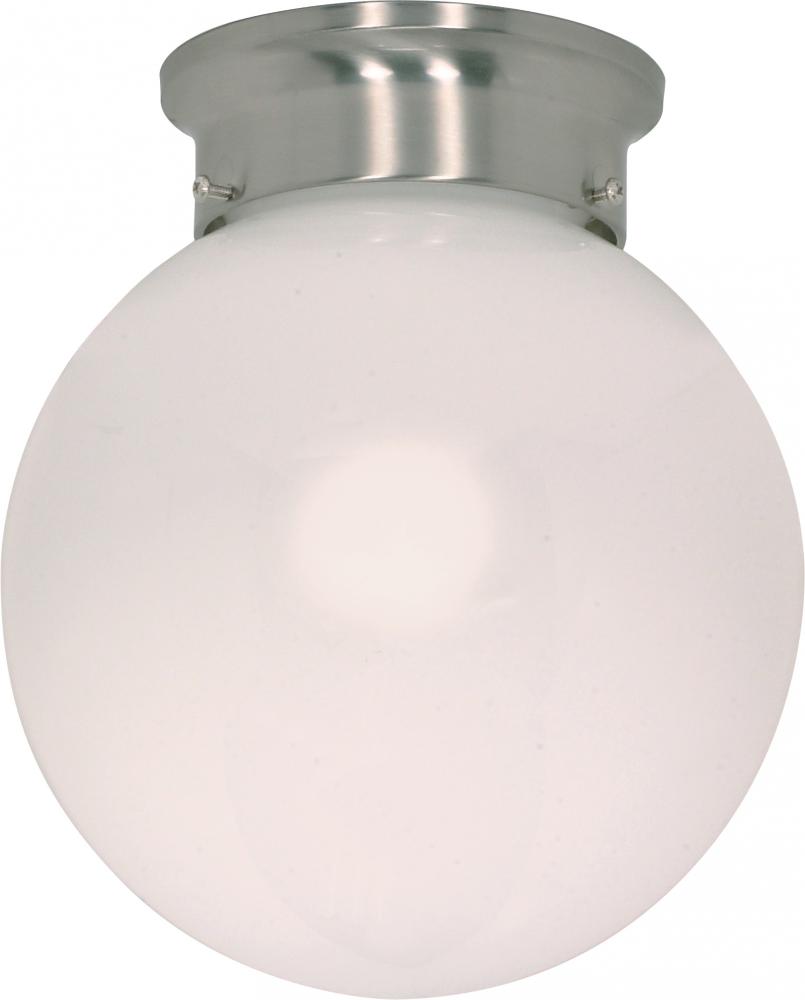 1-Light 8" Ball Ceiling Light in Brushed Nickel Finish with White Glass